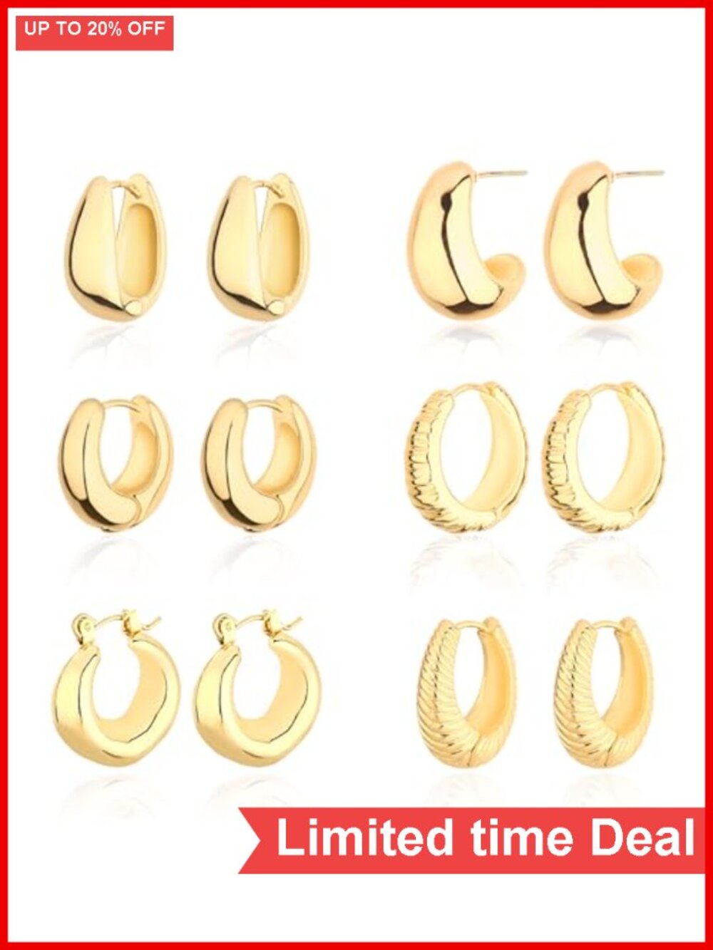 6 Pairs Chunky Gold Plated Hoop Earrings for Women, Hypoallergenic, Lightweight